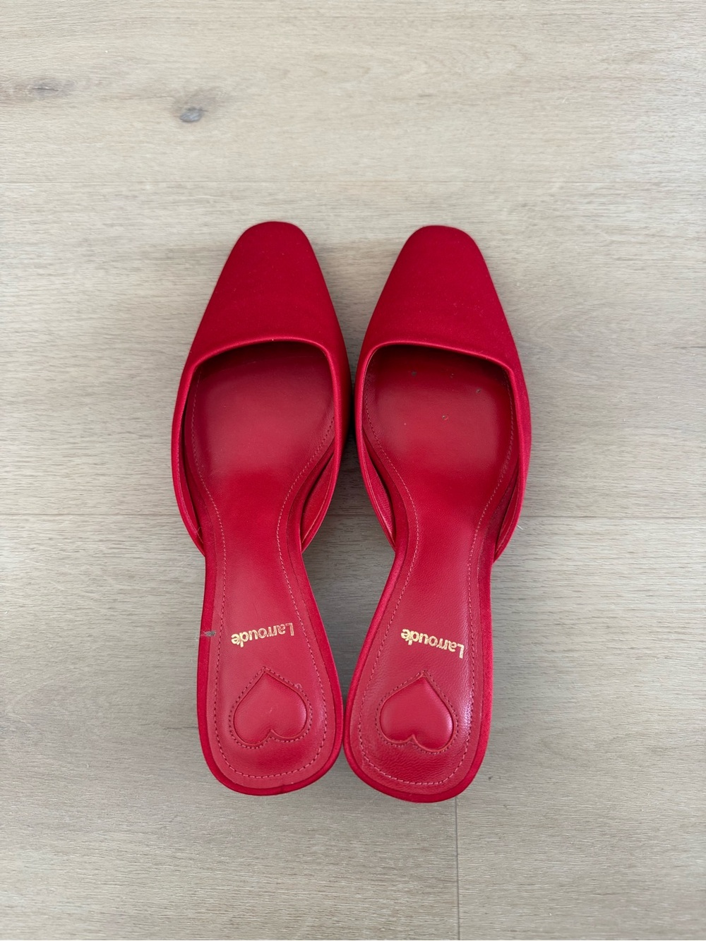 Larroude Red Satin Heeled Mules